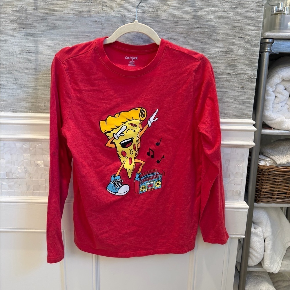 12 14 boys husky Cat & Jack Red Long Sleeve Tee dabbing dancing Pizza Graphic
